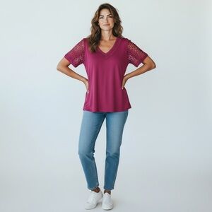 NWT Magenta V-Neck Crochet Trim Lace Sleeve Knit Top